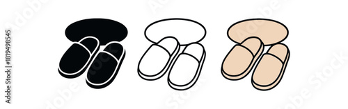Flat vector illustration soft slippers near rug rounded shapes clean outline one black and white flat version one outline version one color version