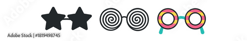 photo booth prop icons three party glasses icons one flat solid monochrome one thin black outline black and white one full color flat icon fun bright colors