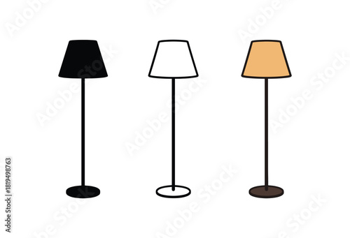 Flat vector illustration floor lamps with simple textile shades rounded silhouettes clean outline one black and white flat version one outline version one color version