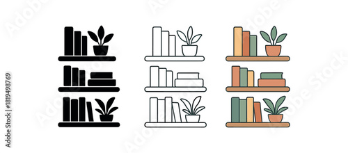 Flat vector illustration cozy shelves with books and plants rounded forms clean outline one black and white flat version one outline version one color version