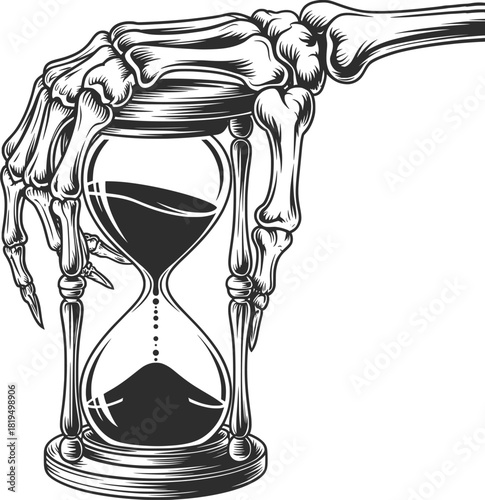 Skeleton Holding Hourglass Vintage Illustration.