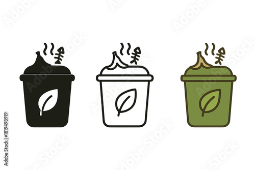 compost bin icons three compost container silhouettes with leaf and food scraps icons one flat solid monochrome one thin black outline black and white one full color flat icon green and