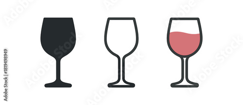 wine glass icons three wine glass icons one flat solid monochrome one thin black outline black and white one full color flat icon with rose drink