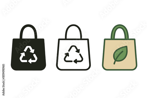reusable bag icons three tote bag silhouettes with small recycle or leaf symbol one flat solid monochrome one thin black outline black and white one full color flat icon beige and green