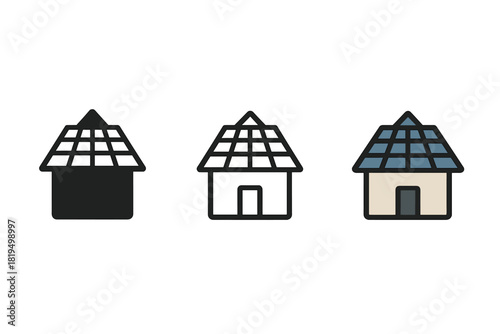 solar roof house icons three house icons with solar panel roof pattern one flat solid monochrome one thin black outline black and white one full color flat icon blue roof and neutral walls