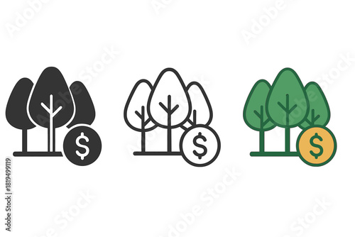 carbon offset icons three tree and coin combination icons one flat solid monochrome one thin black outline black and white one full color flat icon green and gold