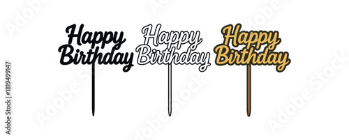 cake topper icons three cake topper sign icons one flat solid monochrome one thin black outline black and white one full color flat icon with gold letters