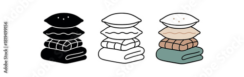 Flat vector illustration decorative pillows and blanket stack rounded silhouettes clean outline one black and white flat version one outline version one color version