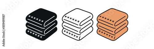 Flat vector illustration bathroom towels neatly folded with small stitched patterns soft rounded shapes clean outline one black and white flat version one outline version one color version