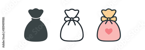 party favor bag icons three favor bag icons one flat solid monochrome one thin black outline black and white one full color flat icon pastel color with tiny heart