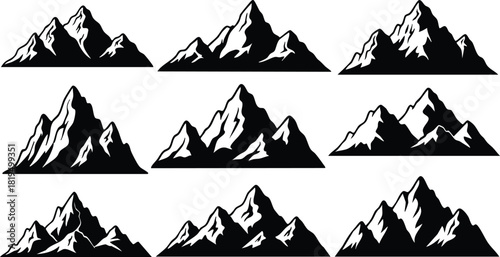 Mountain range silhouettes in black vector illustration set with different peak shapes and sharp edges for design projects 