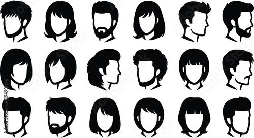 Male and female avatar silhouettes with various hairstyles and beard styles vector collection for profile icons and user interface design 