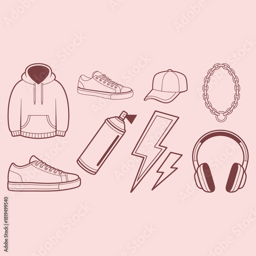Collection of urban fashion and music icons in outline style on a pink background hoodie sneakers