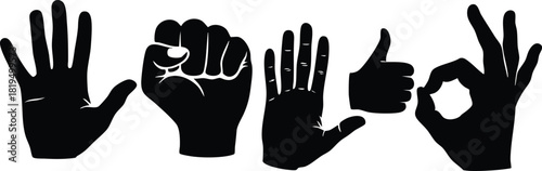 Human hands showing various gestures including open palm, fist, thumbs up, and okay sign in black silhouette vector illustration 