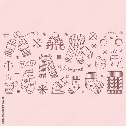 Hand drawn winter clothing and hot drinks with snowflakes on pink background scarf mittens