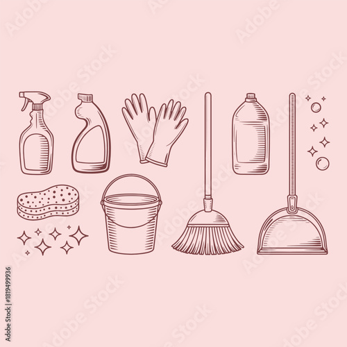 Hand drawn cleaning supplies including spray bottles bucket broom dustpan sponge and gloves equipment