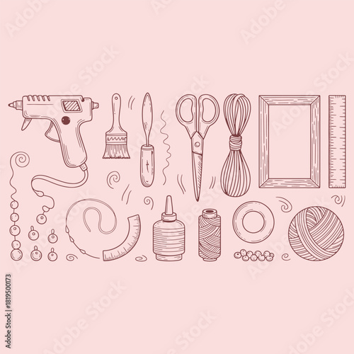 Hand drawn craft supplies including glue gun scissors thread and beads crafting hobby