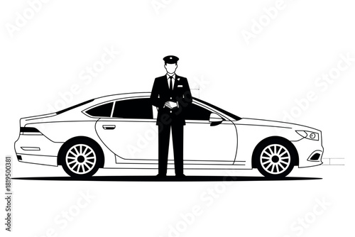 A uniformed chauffeur stands beside a luxury sedan, ready to provide transportation services.