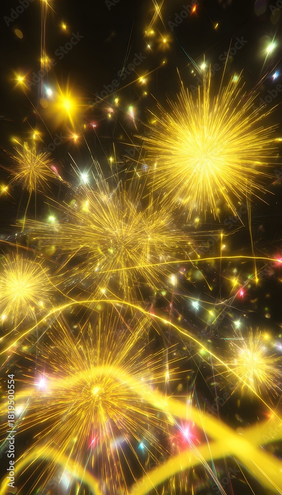 Naklejka premium Vibrant New Year fireworks illuminate a modern city scene bursting with golden light trails