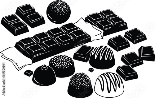 Dark and white chocolate pieces with assorted chocolate truffles and bonbons vector illustration for dessert and confectionery designs 