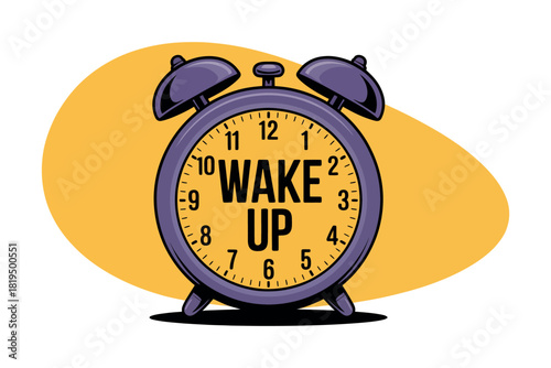 An alarm clock with the words 'WAKE UP' displayed prominently on its face.