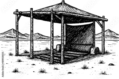 Minimalist Desert Landscape with a Tent Structure – Sahara, Nomadic Shelter, Vast Dunes, Wilderness Scenery