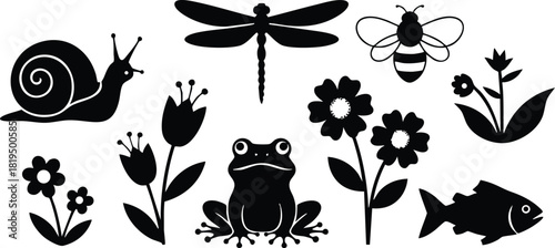 Silhouette of garden wildlife including frog, snail, dragonfly, bee, flowers, and fish in black vector illustration 