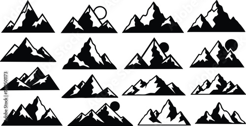 Mountain silhouette vector icons set with sun and moon shapes in black nature landscape illustrations for outdoor design 