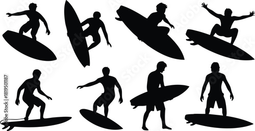 Silhouettes of surfers in various surfing poses and stances vector illustration 