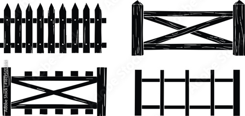 Rustic wooden fence vector set with various plank and cross designs for outdoor garden or farm boundaries 