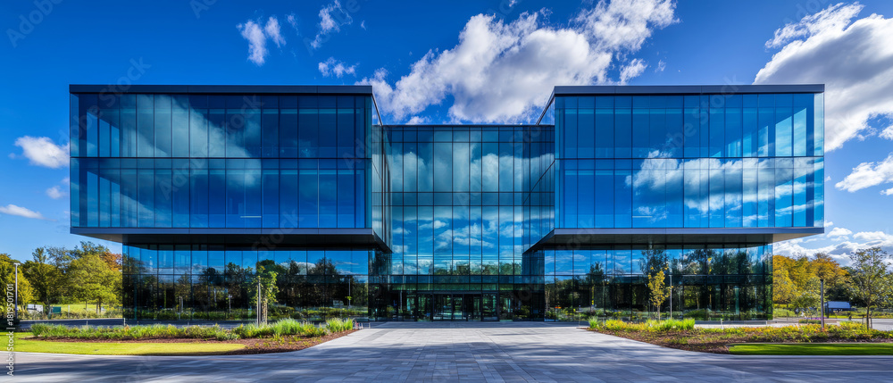 Obraz premium This scene showcases a striking modern office building with a glass facade mirroring the blue sky and fluffy clouds, surrounded by lush greenery and a clean landscape