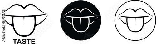 Taste mouth tongue icon set collection group, lip tongue outline symbol pack, flavor sense illustration bundle, taste organ graphic kit, line and flat style black vector drawing assortment