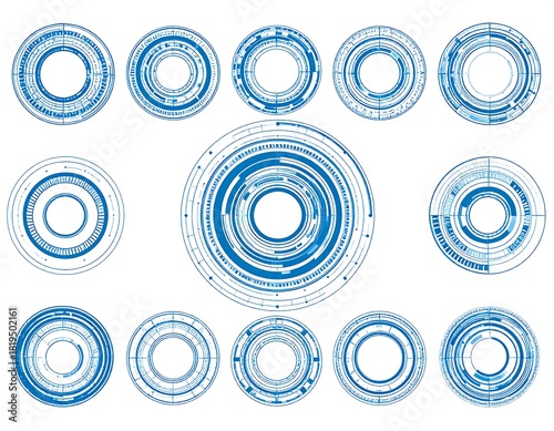 Set of abstract blue circular technology designs on white background