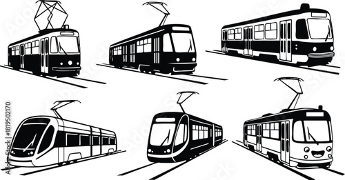 Modern electric tram silhouette collection in black and white vector illustration set for urban transport design 