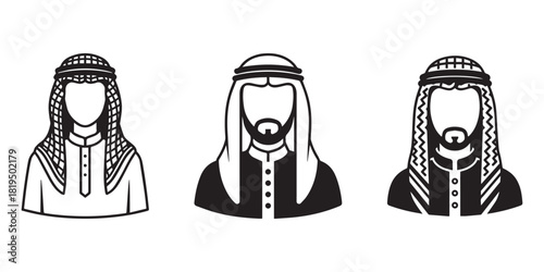 Arab Man Avatar Set Wearing Traditional set of muslim avatars, vector arab man icon, saudi characters, arabic businessman illustration