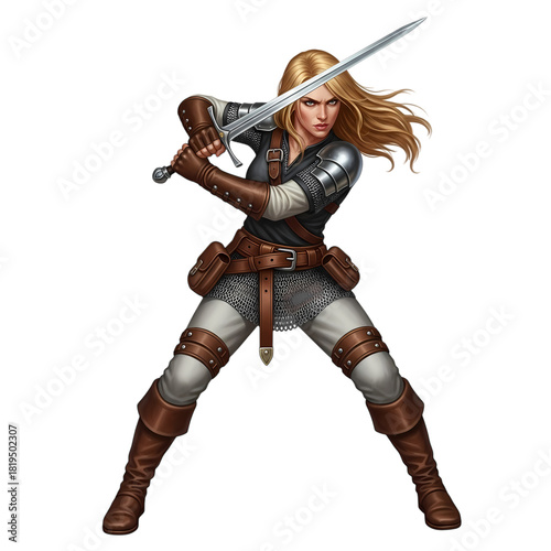 Fierce blonde warrior woman wielding a sword in a battle stance on transparent background