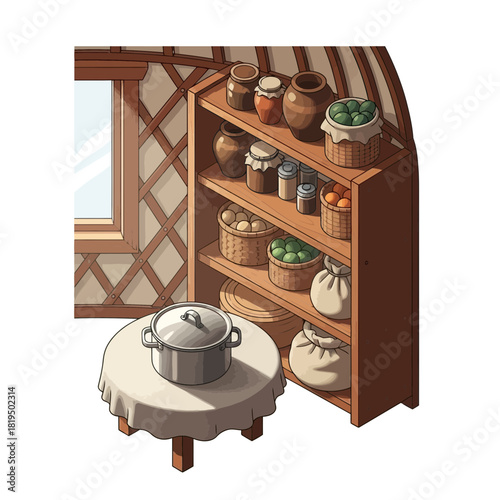 Rustic kitchen scene in a yurt: a cozy arrangement of food and cookware