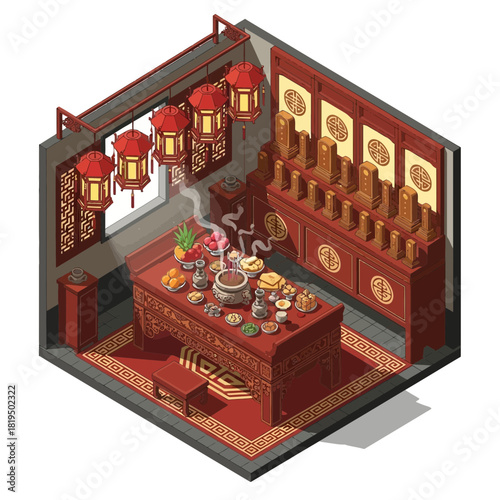A meticulously crafted isometric illustration of a traditional ancestor altar