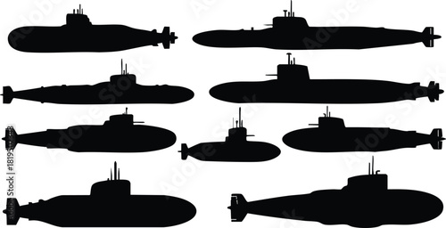 Submarine silhouettes vector collection with various shapes and sizes for maritime design projects 