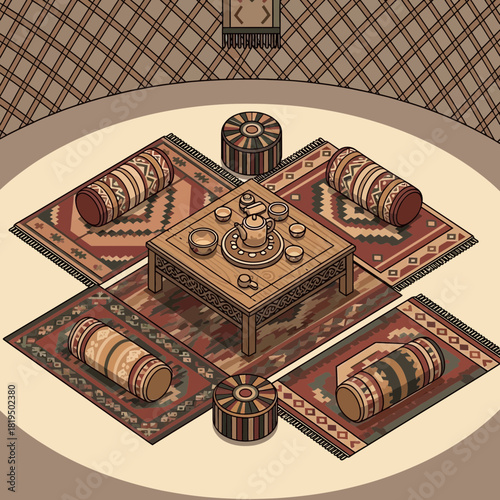 Elegant middle eastern interior design, tea ceremony with traditional decoration