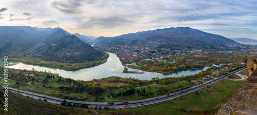 Panoramic view of the Aragvi and Kura rivers confluence and Mtskheta city seen from Jvari monastery