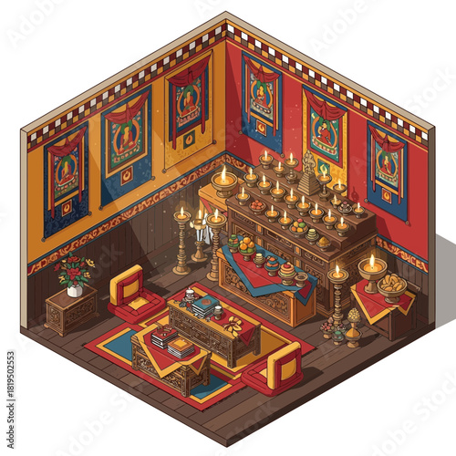 Isometric illustration of a richly decorated room for meditation or worship