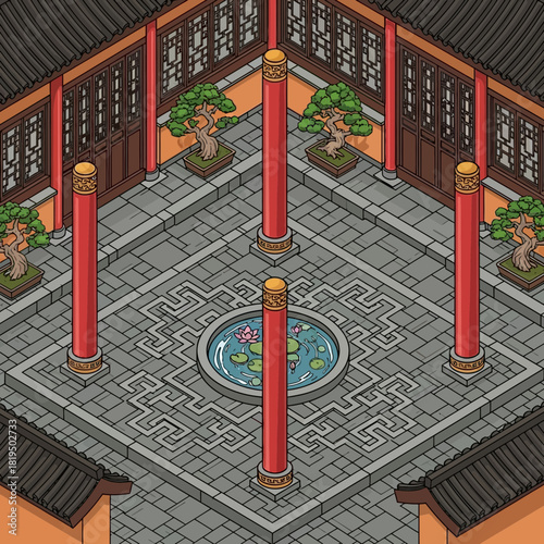 Isometric illustration of a traditional chinese courtyard with garden pond