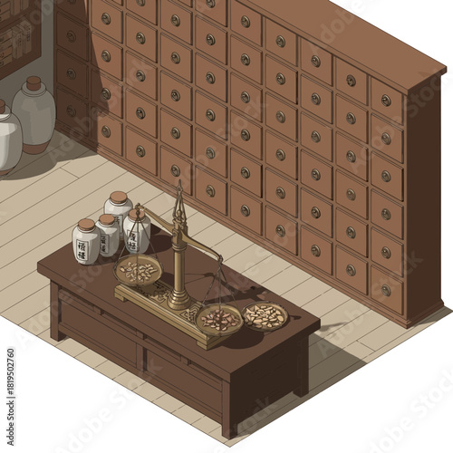 Isometric illustration of a traditional chinese medicine apothecary shop interior