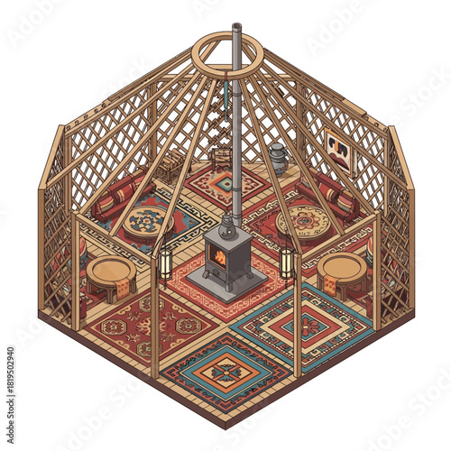 Isometric illustration of a traditional yurt interior with central heating