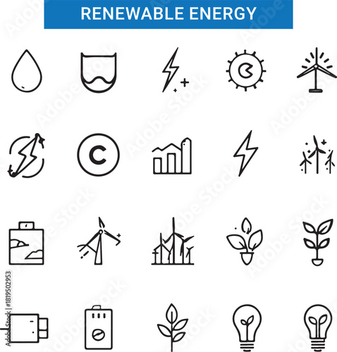Ecology and Energy web icons in line style. Nature green, electric car, organic, renewable energy, green technology, environmental energy collection.
