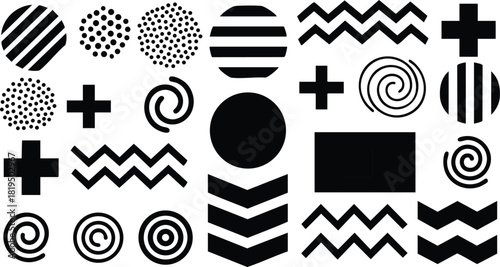 Abstract geometric shapes with circles crosses and zigzag patterns vector illustration black and white design elements 
