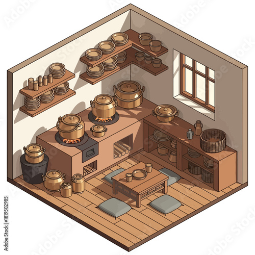 Isometric illustration of traditional Asian kitchen interior with natural lighting