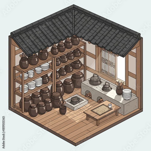 Isometric representation of a traditional Korean kitchen interior concept