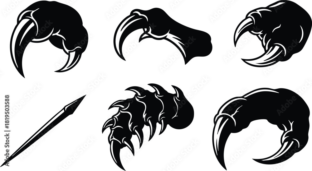Fototapeta premium Set of six black animal claw and talon silhouettes vector illustration in simple style for design projects and logos 